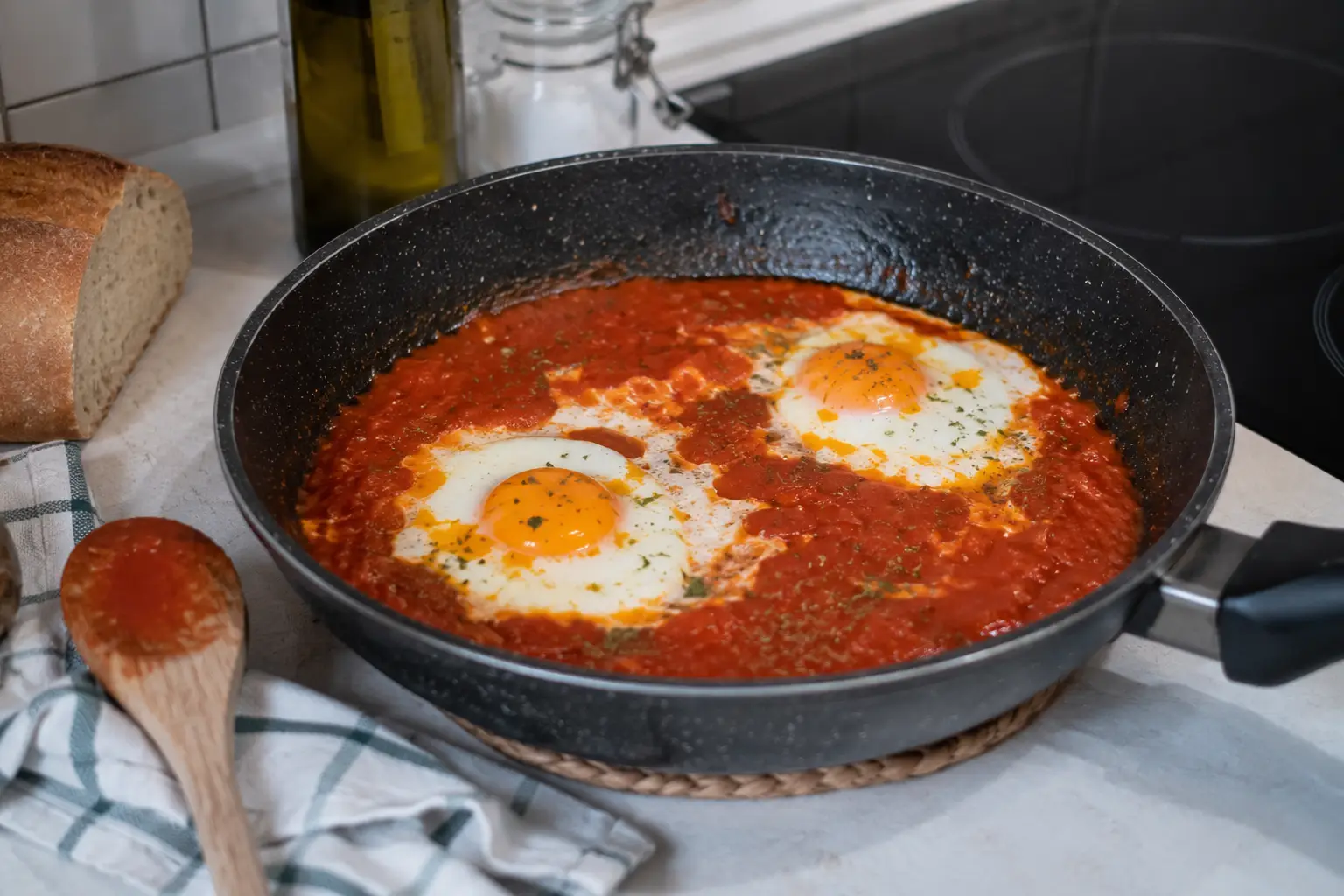 Huevos al plato con tomate frito