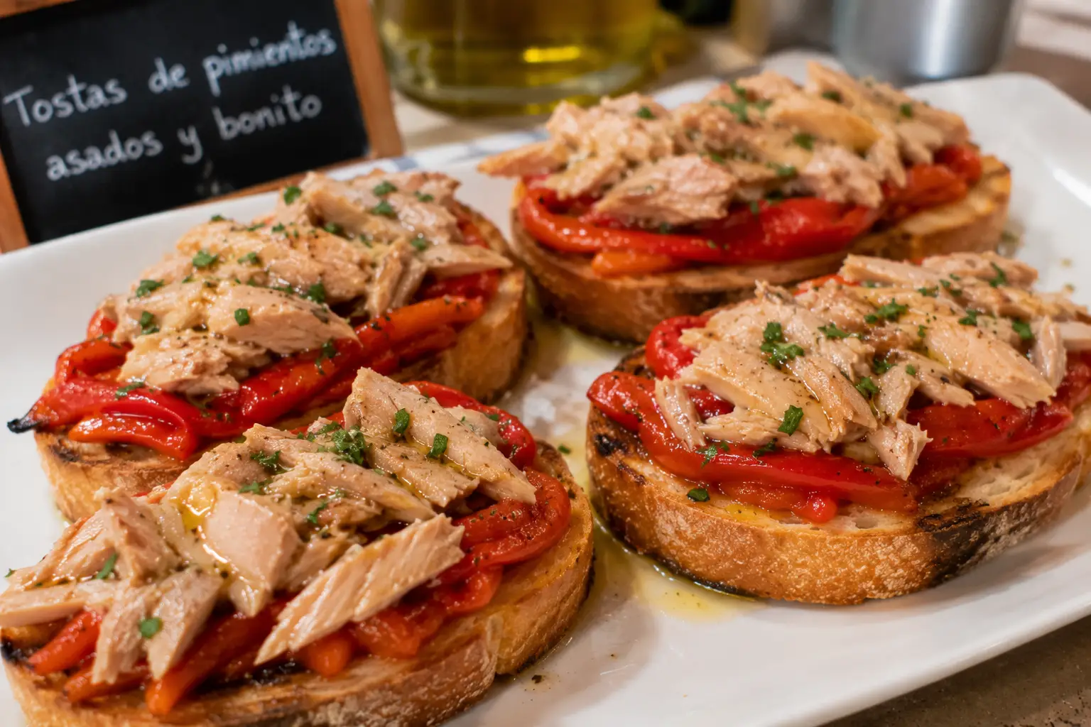 Tostas de pimientos asados y bonito