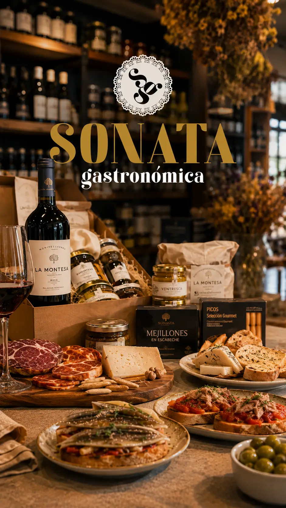 Mesa con vino, quesos, embutidos y conservas de la selección de Sonata Gastronómica