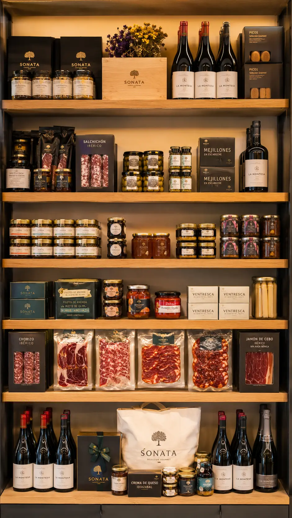 Estantería de la tienda con vinos, ibéricos y conservas ordenados por baldas